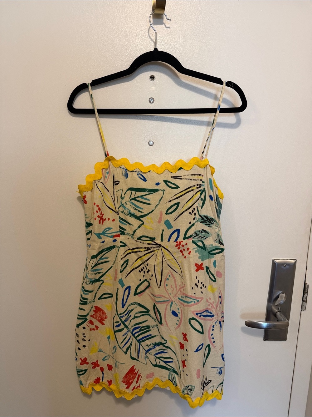 Floral Leaf Print Mini Dress with Yellow Trim